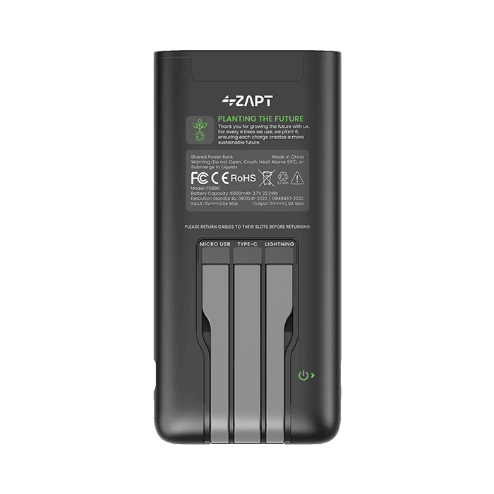 ZAPT Powerbank, rear: ports, rating and compliance